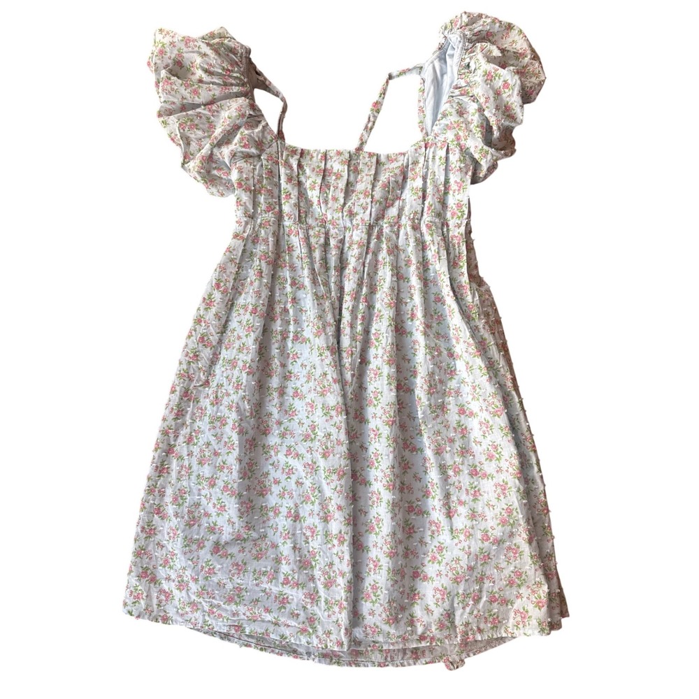 Bebop Mini Dress Women Medium Blue Pink Floral Puff Sleeve Swiss Dot